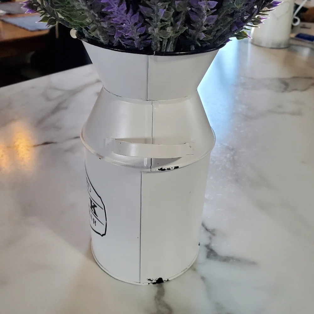 Lavender Artificial Flowers in Milk Jug Metal Vase